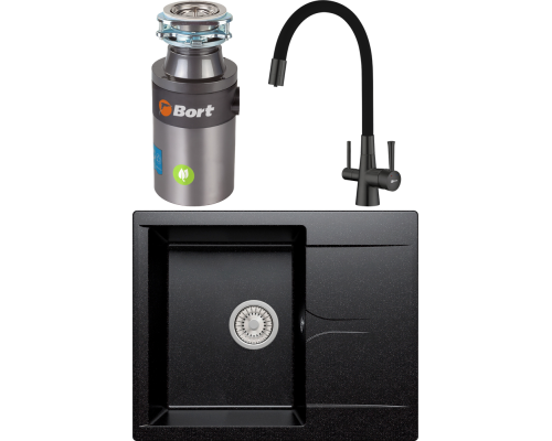Комплект Мойка кухонная Polygran Gals 620 черная + Смеситель Lemark Comfort LM3075GM никель, черный + Измельчитель Bort Titan 4000 Control