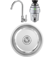 Комплект Мойка кухонная Kantera Round bowl BSR385 ST + Смеситель MEGA City MG-ZRV102 хром + Измельчитель Zorg Inox D ZR-75 D