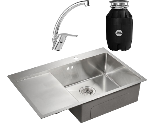 Комплект Мойка кухонная Paulmark Kroner PM217851-BSR брашированная нержавеющая сталь R + Смеситель MEGA Mega MG-BMK016 хром + Измельчитель Bone Crusher BC 810-AS