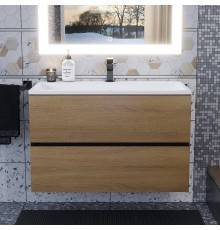 Тумба с раковиной Uperwood Barsa 80 подвесная, черная, дуб сонома, раковина белая