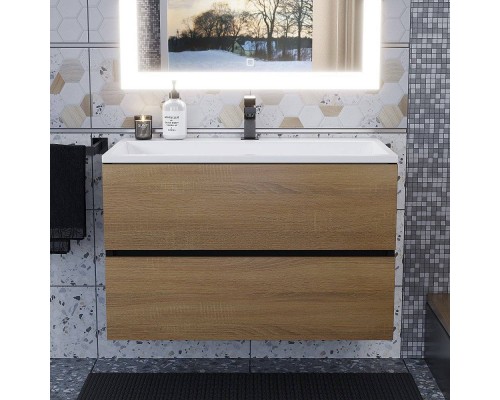 Тумба с раковиной Uperwood Barsa 80 подвесная, черная, дуб сонома, раковина белая