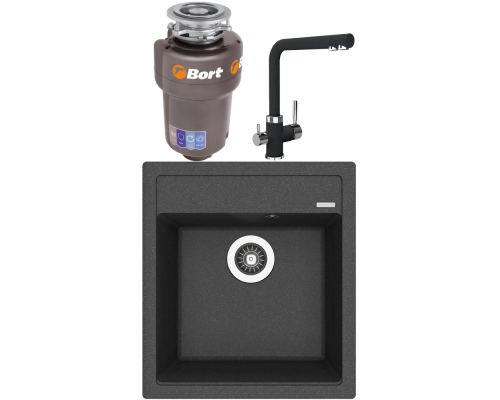 Комплект Мойка кухонная Florentina Липси 460 черная + Смеситель Арес FL черный + Измельчитель Bort Titan 5000