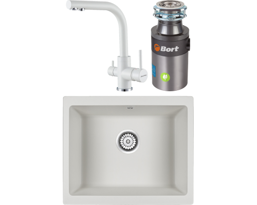 Комплект Мойка кухонная Paulmark Gera 60 PM205546-WH белый + Смеситель Essen Es213011-431TW белый матовый + Измельчитель Bort Titan 4000 Plus