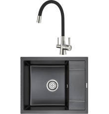 Комплект Мойка кухонная Paulmark Flugen 50-600 PM216050-BL черная + Смеситель Lemark Comfort LM3075BN-Black с гибким изливом, никель, черный