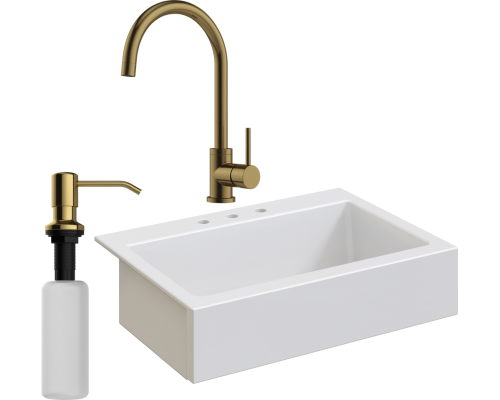 Комплект Мойка кухонная Domaci Сиена 50186-101 с 3 отверстиями, белый глянец + Смеситель Равенна DCB 3004 золото + Дозатор 401 золото