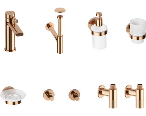 Комплект для раковины Wellsee ONCE! and forever 201000409 с сифоном, донным клапаном, угловыми вентилями и набором аксессуаров для ванный, розовое золото