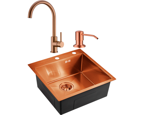 Комплект Мойка кухонная Domaci Равенна PVD DMB-117A медь, 50х50 см, квадратная, встраиваемая, российская + Смеситель DCB 3004 медь + Дозатор 401 медь