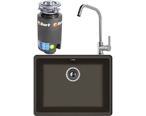 Комплект Мойка кухонная Florentina Вега 500 антрацит + Смеситель MEGA City MG- ZRV104 хром + Измельчитель Bort Titan 4000
