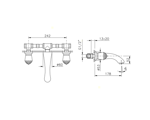 Nicolazzi Cristallo Смеситель для раковины на 3 отверстия, настенный, излив: 178мм, цвет: хром. 2077CR22