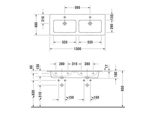 Duravit ME by Starck Раковина 130x49 см, 3 отв., двойная, цвет: белый. 2336130030