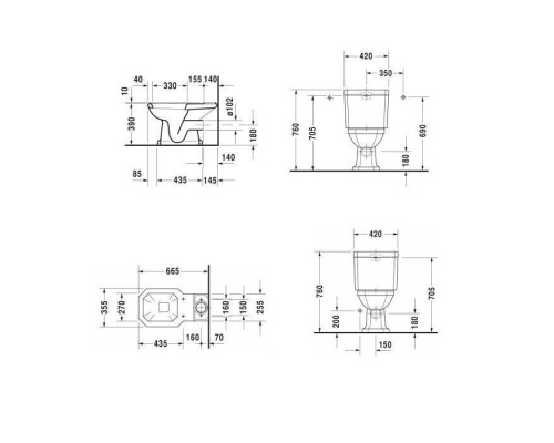 Duravit 1930 Унитаз моноблок с отдельным бачком (с механизмом слива хром), 66.5х35.5см, слив в стену, Цвет: Белый. 0227090000,  0872210082