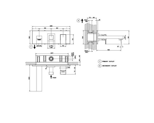 Gessi Rettangolo Смеситель для раковины, встраиваемый, однорычажный, с изливом и переключателем PUSH, внешняя часть, цвет: Black XL. 44906#299