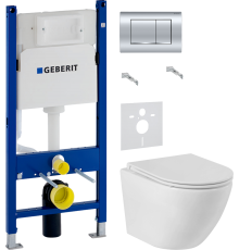 Комплект Унитаз подвесной BelBagno Sfera-r + Крышка Piano BB2111SC с микролифтом + Инсталляция Geberit Duofix Delta 458.163.21.1 с кнопкой смыва, хром + Шумоизоляция