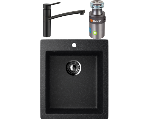 Комплект Мойка кухонная Ulgran U-404 -308 черная, встраиваемая, российская, матовая, квадратная + Смеситель Domaci Равенна DC 3011 черный + Измельчитель Bort Titan 4000 Control