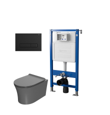 Комплект Унитаз подвесной Point Вега PN41711GM серый матовый, безободковый, с микролифтом + Система инсталляции для унитазов Point PN45122 с контейнером для гигиенических таблеток + Кнопка смыва Point Меркурий PN44831BM черная матовая