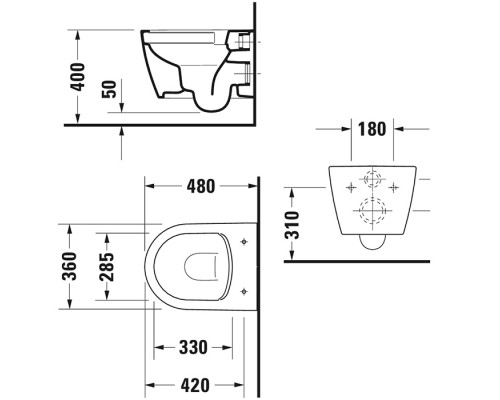 Duravit ME by Starck Унитаз подвесной укороченный Rimless 37х48см., вкл. крепление Durafix, 4,5л., 37х48см., белый. 2530090000