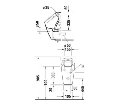 Duravit Me by Starck Электронный безободковый писсуарс питанием от сети (в комплекте сифон, блок питания и подвод воды). 2809310091