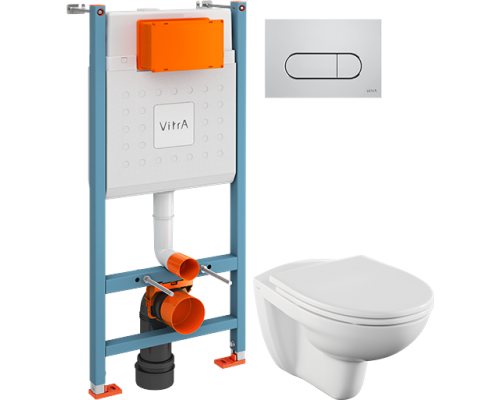 Комплект Унитаз подвесной Norm Fit 6855B099-1777 + Крышка VitrA Norm 84-003-749 с микролифтом + Инсталляция V-Fix Core 732-5800-01 с кнопкой смыва Root R 740-2280 хром