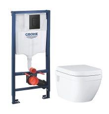 Комплект Унитаз подвесной Grohe Euro Ceramic 39703000 безободковый + Инсталляция Solido 38811KF0 3 в 1 с кнопкой смыва