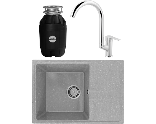 Комплект Мойка кухонная Practik PR-M 600-003 светло-серая + Смеситель MEGA Snow MG-SH03 хром + Измельчитель Bone Crusher BC 810-AS