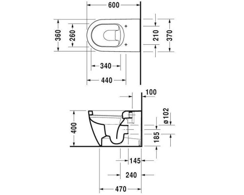 Duravit ME by Starck Унитаз напольный 60х37см, пристенный вариант, с вертикальным смывом, включая крепление,  универсальный, 4,5 л. с HygieneGlaze, 370x60. 2169092000