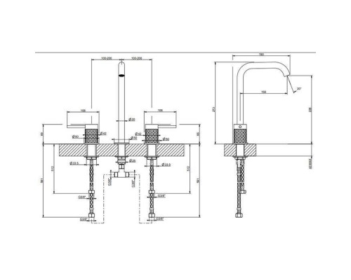 Gessi 316 Смеситель для раковины на 3 отверстия, без донного клапана, излив 156мм h=269мм, цвет: brushed black metal pvd. 54111#707