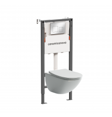 Комплект Ceramicanova Унитаз подвесной Mono CN1905 безободковый, с микролифтом + Инсталляция Balance CN121002CH с кнопкой Square глянцевый хром