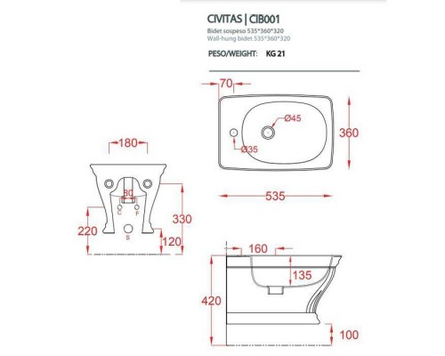 Artceram Civitas Биде подвесное 36х54 см, 1 отверстие, цвет: шампань. CIB001 02 00 Artceram Civitas Биде подвесное 36х54 см, 1 отверстие, цвет: шампань. CIB001 02 00