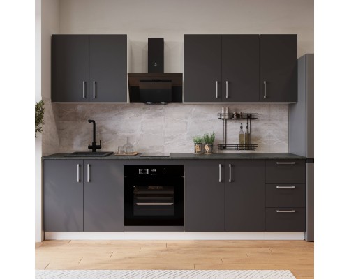 Кухонный гарнитур Domaci Болонья 260 см, фасад графит, ручка хром, столешница луна KUH-1008794