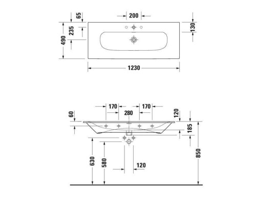 Duravit Viu Раковина 123х49 см, 1 отв., цвет: белый. 2344120000
