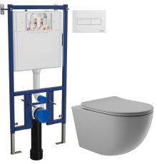 Комплект Унитаз подвесной Aqueduto Ovo OVO0130 безободковый, с микролифтом, серый матовый + Инсталляция DIWO 4501 + Кнопка 7320 белая