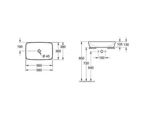 VilleroyBoch Artis Раковина 58х38.5х12.5см., накладная, без отв., без перелива, TitanCeram, цвет: альпийский белый. 41725801