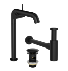 Комплект Смеситель STWORKI Лунд S25025BK матовый черный + Сифон SD-001BK черный матовый + Донный клапан SW-001BK черный матовый