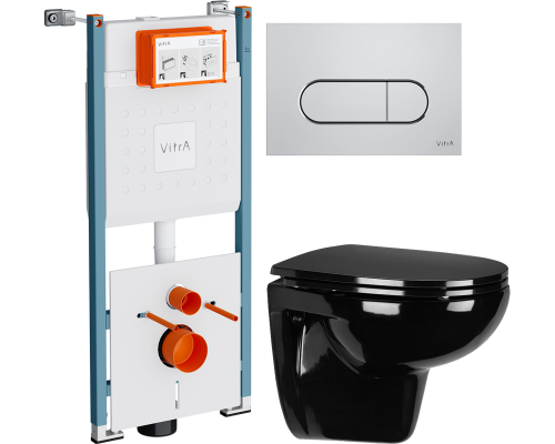 Комплект Унитаз подвесной Wanfald Lauta 47374100005 черный + Инсталляция VitrA V-Fix Core 732-5800-01PV + Кнопка Root Round 740-2280 хром