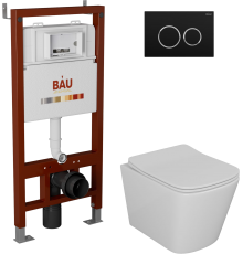 Комплект Унитаз подвесной Bauedge Bau Stil безободковый, с микролифтом + Инсталляция Bau Pro + Кнопка Dream, черная матовая