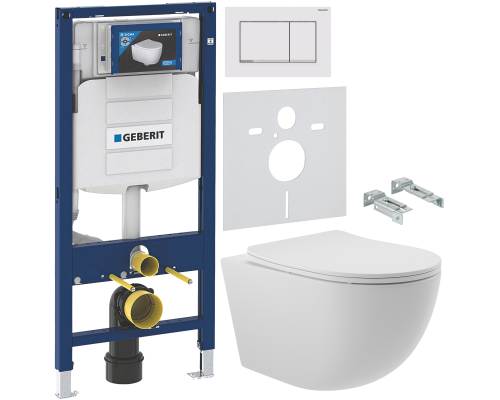 Комплект Унитаз подвесной Aqueduto Ovo OVO0120 безободковый, с микролифтом, белый матовый + Крепления Geberit Duofix 111.815.00.1 к стене + Инсталляция UP 320 111.300.00.5 + Кнопка Sigma 30 115.883.JT.1 белая матовая, хром глянцевый + Шумоизоляция