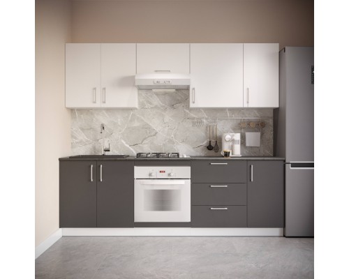 Кухонный гарнитур Domaci Болонья 240 см, фасад графит, белый, ручка хром, столешница луна KUH-1000009