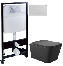Комплект Унитаз подвесной Aqueduto Macio MAC0140 безободковый, с микролифтом, черный матовый + Инсталляция EWRIKA ProLT 0026-2020 + Кнопка 0042 белая