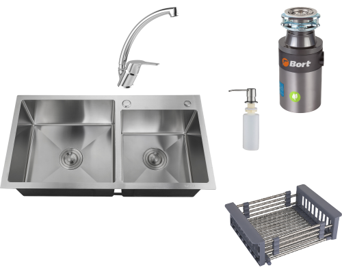 Комплект Мойка кухонная РМС MR-7843 c корзиной и дозатором, нержавеющая сталь + Смеситель MEGA Mega MG-BMK016 хром + Измельчитель Bort Titan 4000 Control