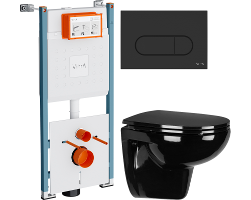 Комплект Унитаз подвесной Wanfald Lauta 47374100005 черный + Инсталляция VitrA V-Fix Core 732-5800-01PV + Кнопка Root Round 740-2211 черная матовая