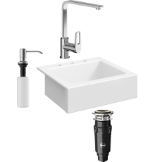 Комплект Мойка кухонная Domaci Сиена 50166-101 с 3 отверстиями, белый глянец + Измельчитель Равенна Vento Max 750 + Смеситель STWORKI HDA3338XH + Дозатор 401 сатин