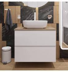 Тумба с раковиной STWORKI Колдинг 80 белая, с раковиной Moduo 50 Square, столешница орех матовый