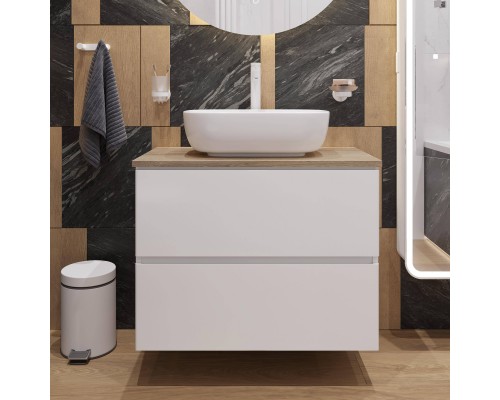 Тумба с раковиной STWORKI Колдинг 80 белая, с раковиной Moduo 50 Square, столешница орех матовый