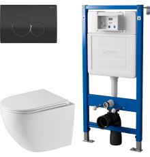 Комплект Унитаз подвесной Point Сатурн PN41901 белый глянцевый, безободковый, с микролифтом + Инсталляция PN45122 с контейнером для гигиенических таблеток + Кнопка Виктория PN44061BC черная, хром