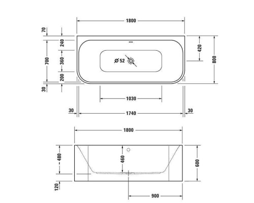Duravit Happy D.2 Plus Ванна пристенная 180х80х60см, 2 наклона для спины, акриловая, ножки, цвет: белый. 700451800000000