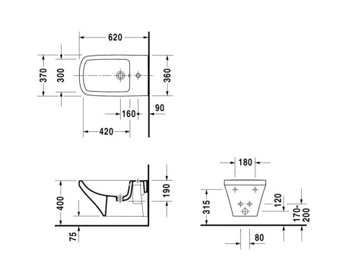 Duravit DuraStyle Биде подвесное 62х37см., 1 отв., с креплением, цвет: белый. 2286150000