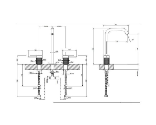 Gessi 316 Смеситель для раковины на 3 отверстия, без донного клапана, излив 156мм, h=269мм, цвет: brushed black metal pvd. 54411#707