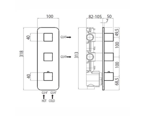 Bossini Rectangular Термостат для душа, встраиваемый, с девиаторм/запорным вентилем на 2 - 4 выхода, уст-ка верт/гор., цвет: хром. Z033204.030,  Z030202000