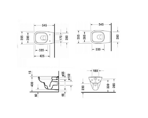 Duravit D-Code Комплект: подвесной унитаз Rimless 257009 35.5х54.5см.+ сиденье с автоматическим закрыванием 006739. 45700900A1 (257009+006739)