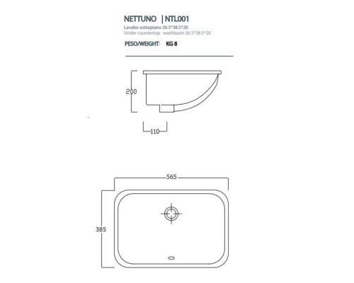 Artceram WASHBASINS NETTUNO Раковина 56х38 см, без отв., встраиваемая, цвет: белый. NTL001 01 00,  ACA001